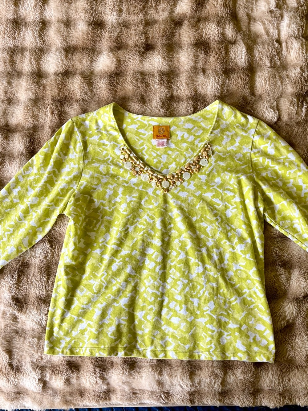 Ruby Rd. Lime & White Patterned Top with Cool Embellishment on Neckline